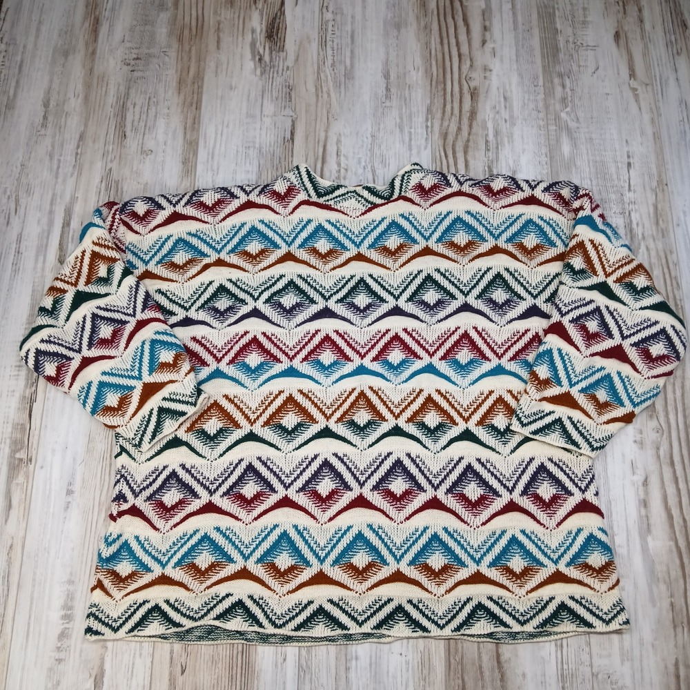 Vintage Diana Marco Geometric Fair Isle Knit Sweater USA Multi Color Size Large